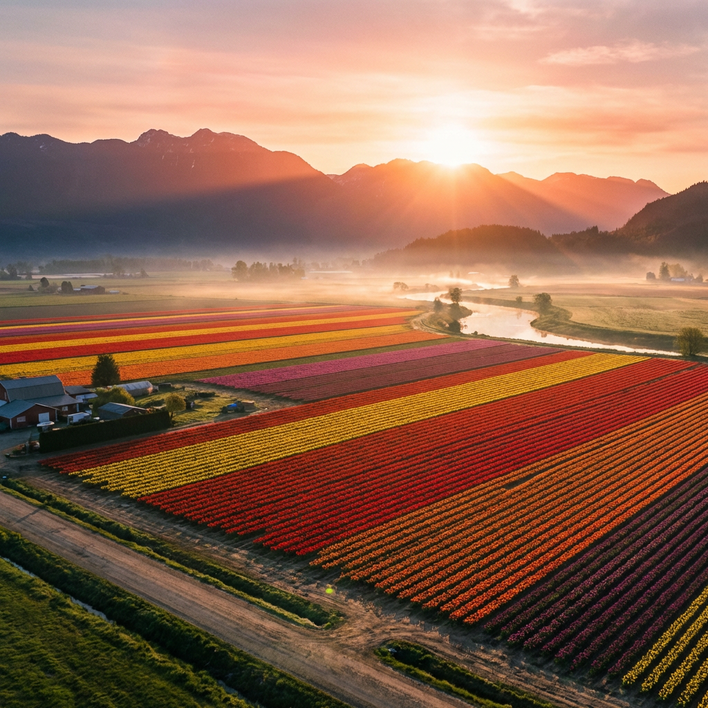 Colorful rows of tulips in a valley at sunrise with mountains in the background.