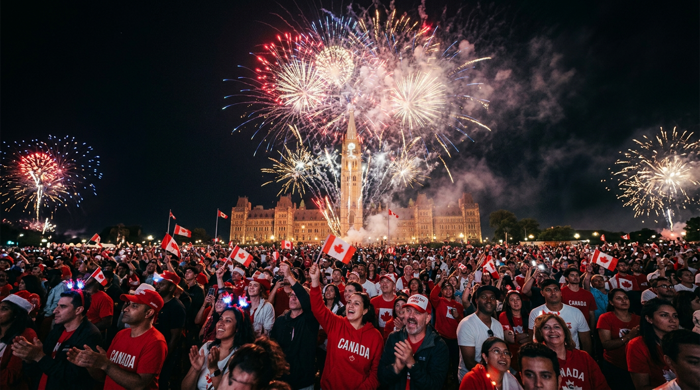 Large crowd waving Canadian flags watching fireworks over Parliament Hill