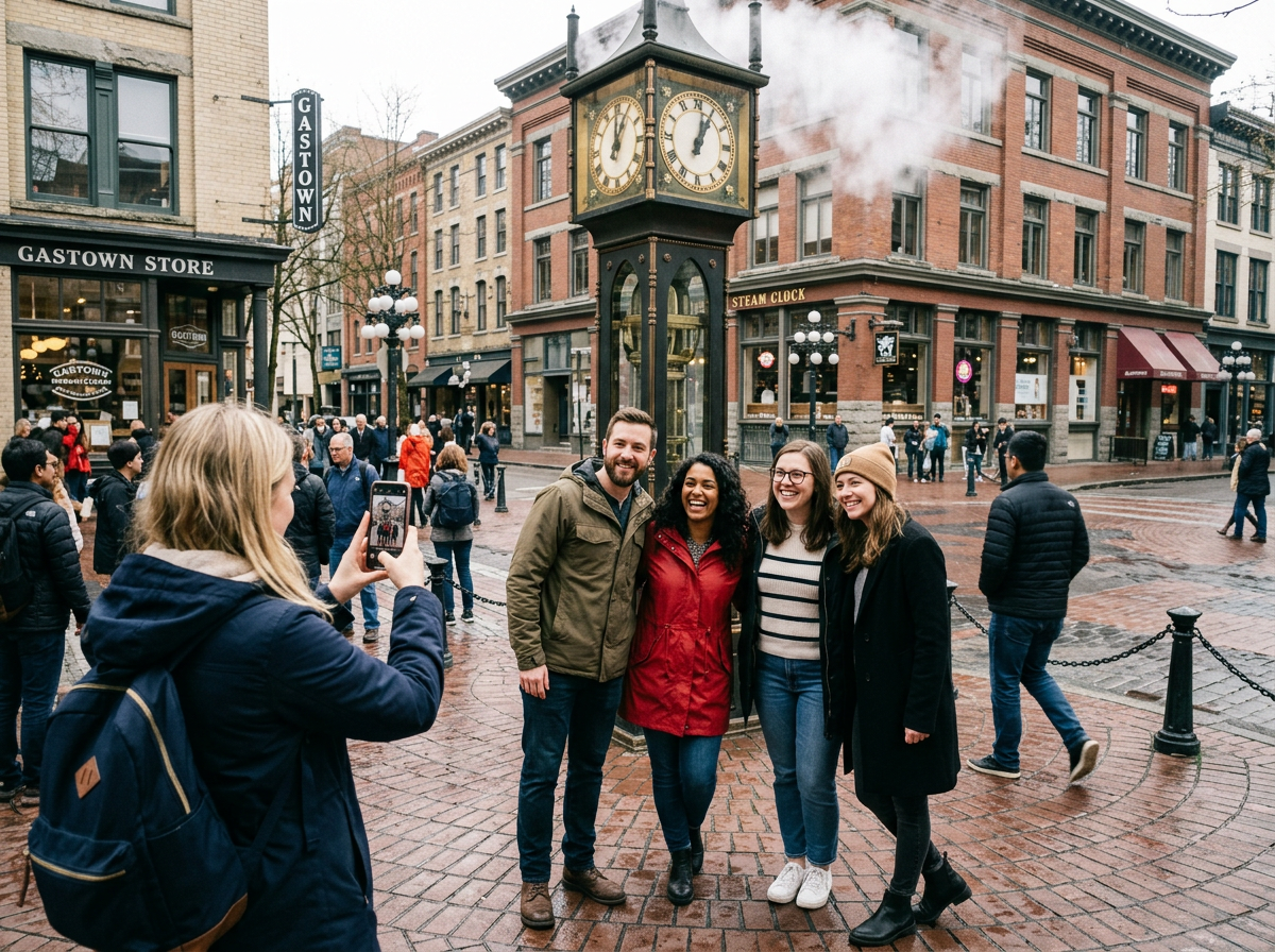 Four friends posing for a photo near the Gastown steam clock with steam coming out at the top